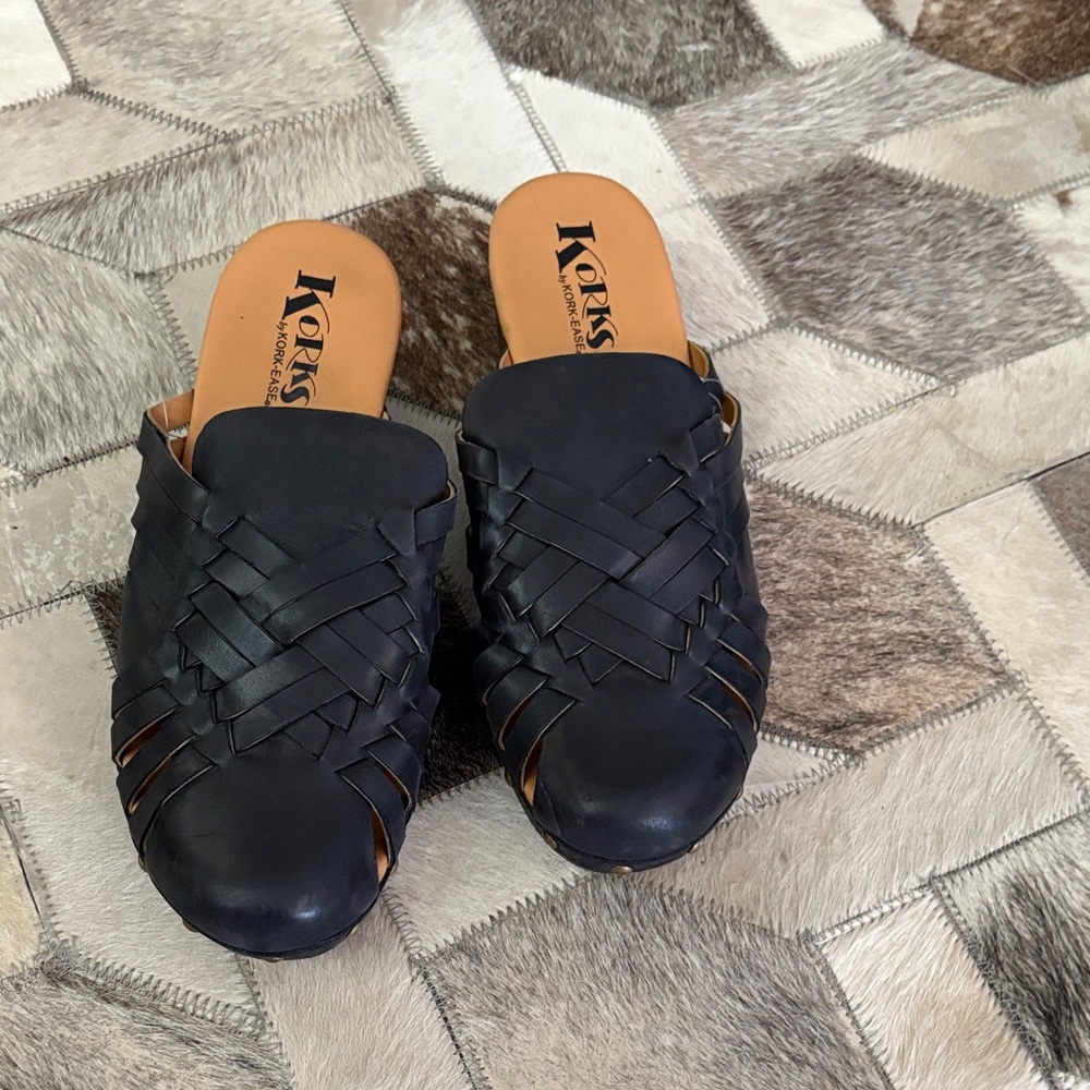 Kork-Ease Black Leather Woven Clogs